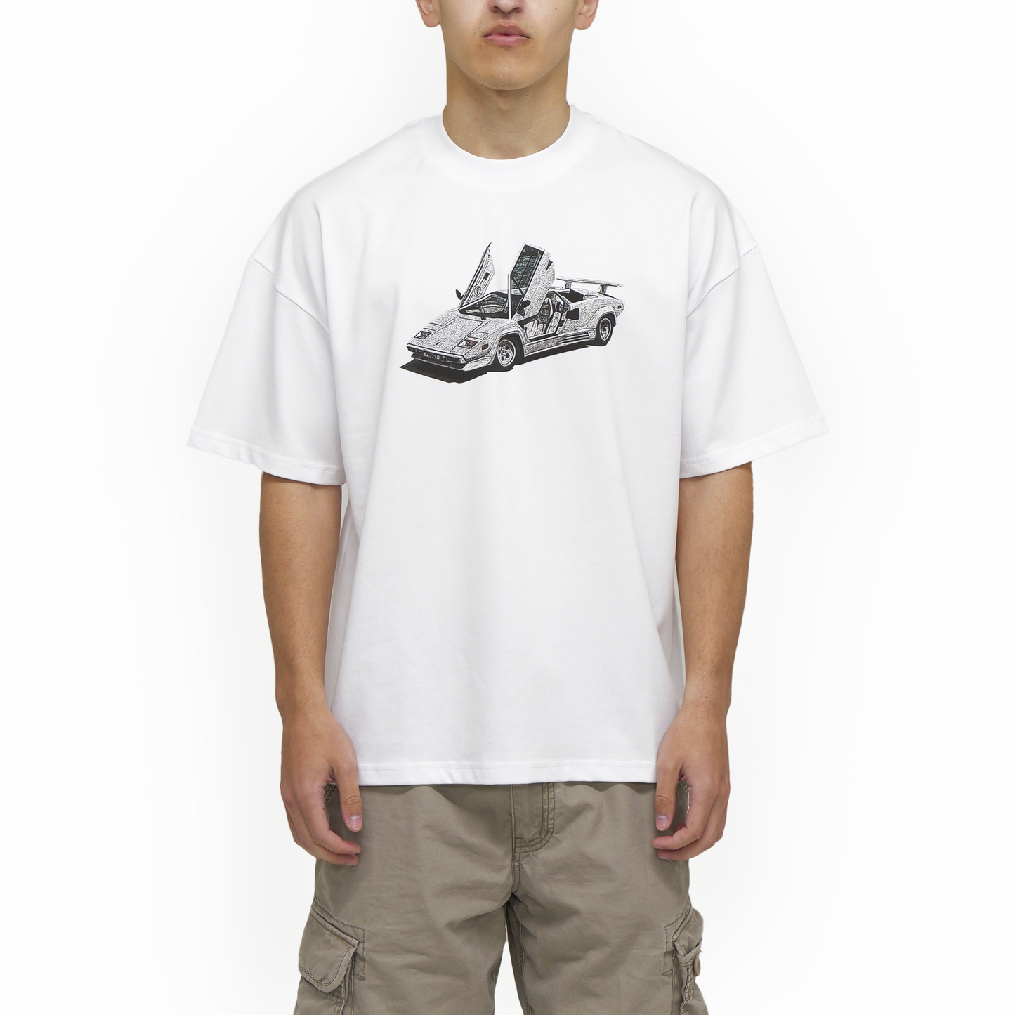 High-quality image of FROST's heavyweight Countach Tee in Chalk White, showcasing its boxy fit and dropped shoulder design for ultimate comfort.