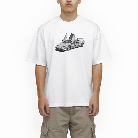 High-quality image of FROST's heavyweight Countach Tee in Chalk White, showcasing its boxy fit and dropped shoulder design for ultimate comfort.