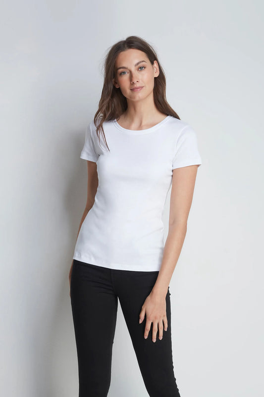 Luxurious Women's Short Sleeve Crew Neck T-Shirt in cotton-modal blend, beautifully displayed in a stylish setting, showcasing its soft texture and elegant design, ideal for versatile wardrobe styling.