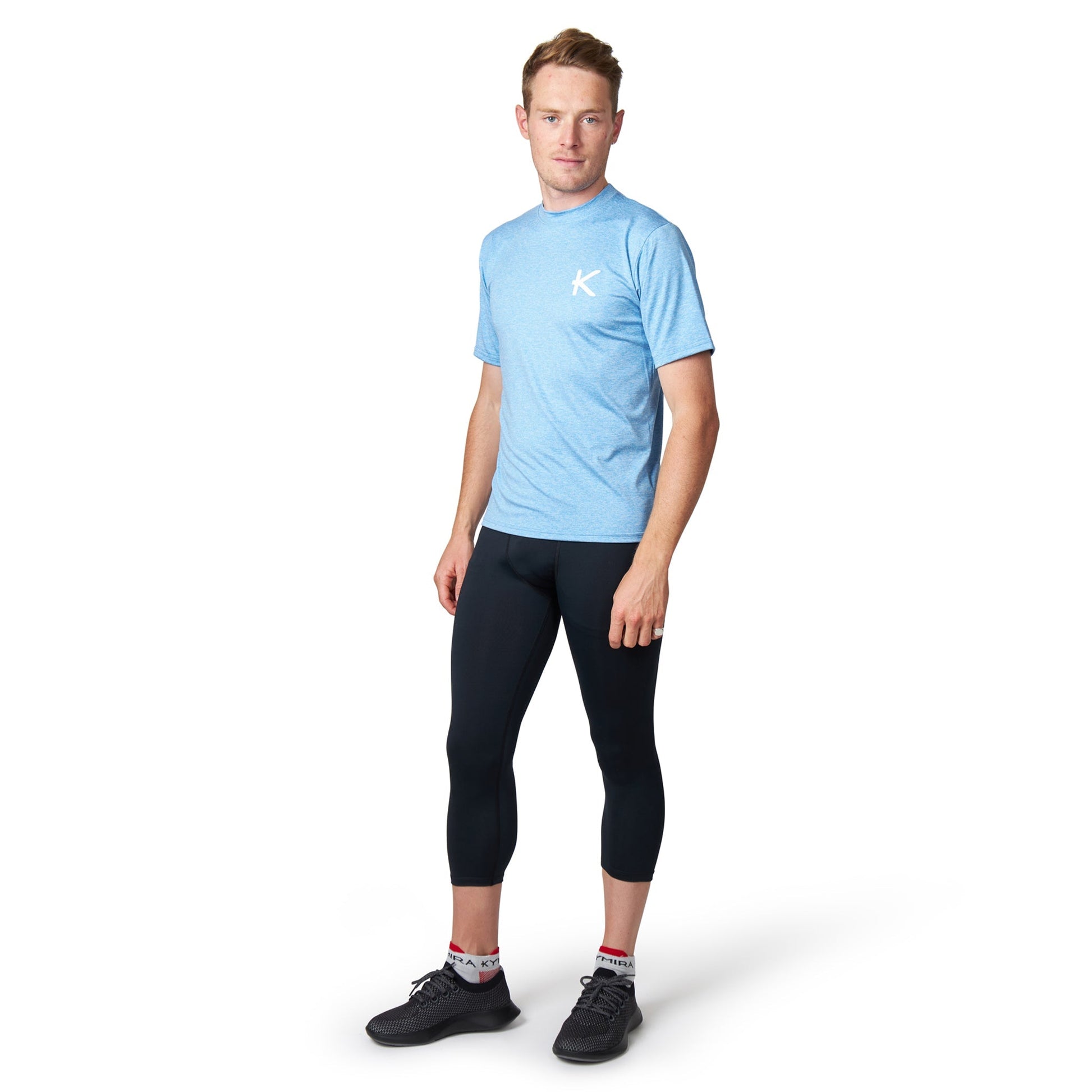 Close-up of KYMIRA Men's Infrared Performance Crew T-Shirt, highlighting the premium fabric and flat-lock stitching for ultimate comfort during workouts.