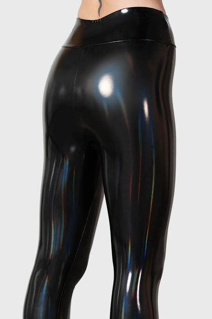 Back view of Killstar Darkwaves & Raves leggings highlighting the sleek fitted silhouette and high-waisted cut, perfect for a dramatic fashion statement.