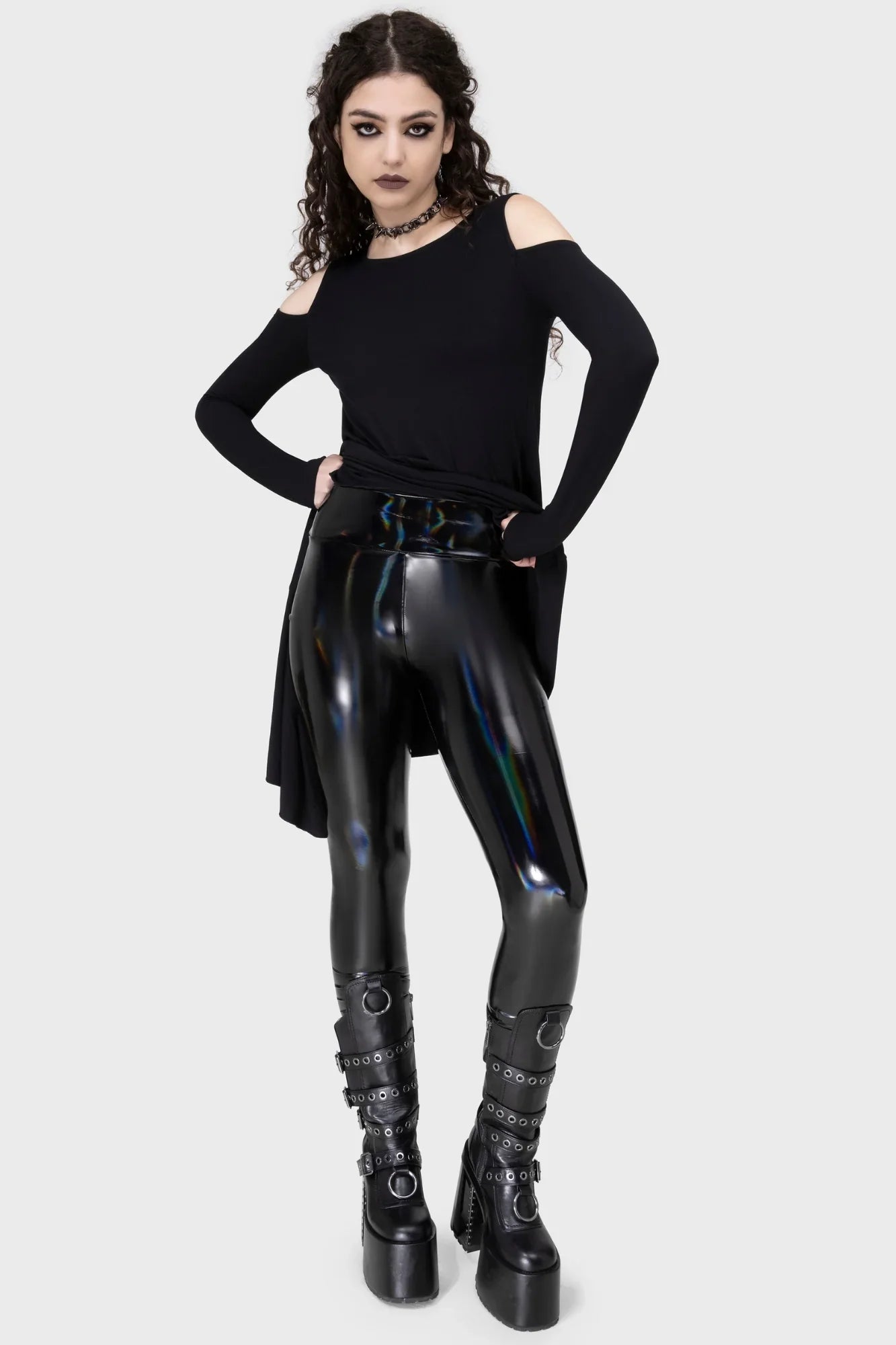Killstar Darkwaves & Raves Hi-Shine PU Leggings featuring a stunning rainbow reflective finish, high-waisted design, and fitted silhouette for luxury goth fashion.