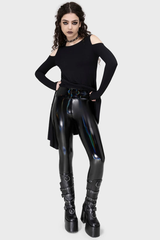 Killstar Darkwaves & Raves Hi-Shine PU Leggings featuring a stunning rainbow reflective finish, high-waisted design, and fitted silhouette for luxury goth fashion.