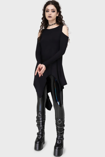 Model wearing Killstar Darkwaves & Raves Hi-Shine Leggings paired with platform boots, illustrating an electrifying goth club look with striking reflective visuals.