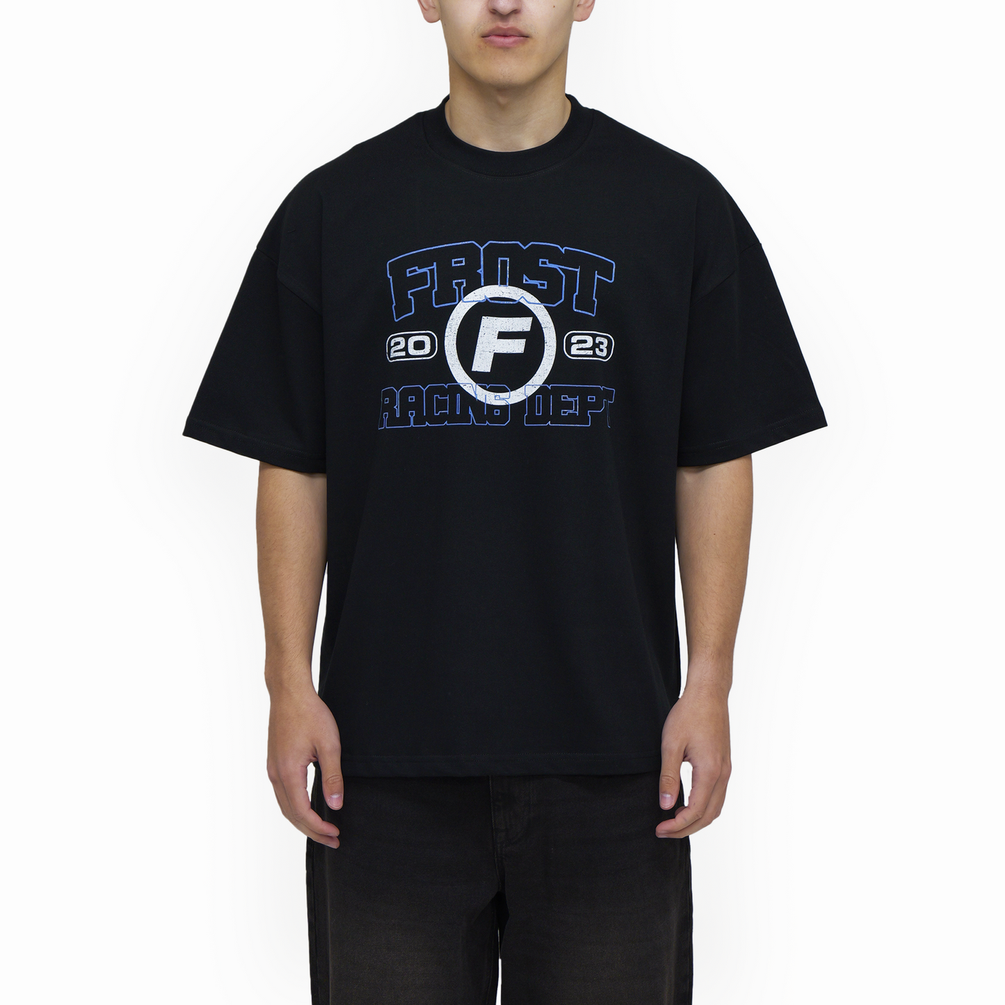 Close-up of FROST Racing Department black T-shirt fabric, highlighting the soft and heavyweight 100% cotton texture for a luxurious feel.