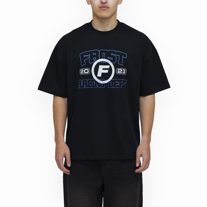 Close-up of FROST Racing Department black T-shirt fabric, highlighting the soft and heavyweight 100% cotton texture for a luxurious feel.