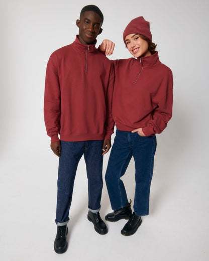 Luxurious unisex organic boxy quarter zip sweatshirt showcasing a relaxed oversized fit, crafted from premium 100% organic cotton with a heavy 400gsm weight.