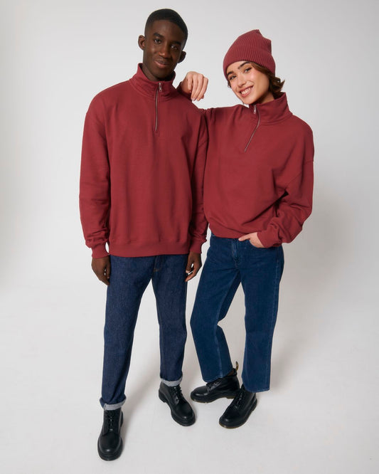 Luxurious unisex organic boxy quarter zip sweatshirt showcasing a relaxed oversized fit, crafted from premium 100% organic cotton with a heavy 400gsm weight.