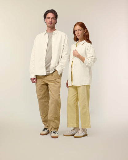 Close-up view of the organic cotton fabric highlighting the soft texture and high-quality material of the heavy relaxed unisex shirt.