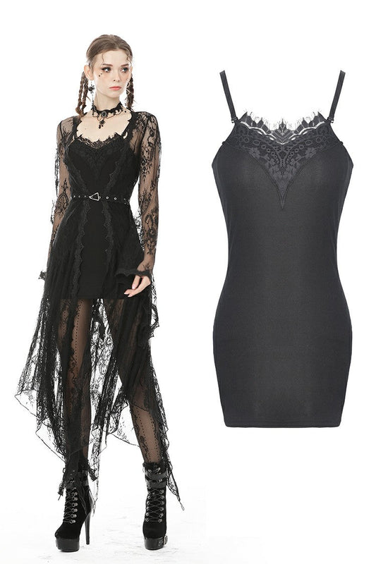 Elegant Dark In Love lace applique bodycon dress with adjustable straps, perfect for timeless occasions.