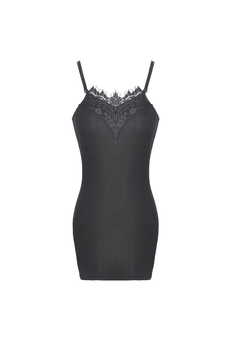 Close-up view of the intricate lace applique detail on the neckline of the Dark In Love bodycon dress.