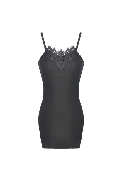 Close-up view of the intricate lace applique detail on the neckline of the Dark In Love bodycon dress.