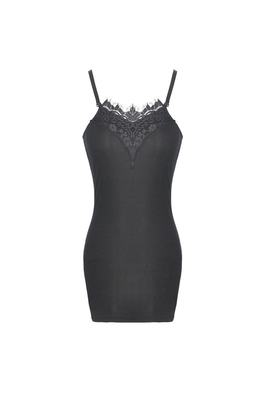 Close-up view of the intricate lace applique detail on the neckline of the Dark In Love bodycon dress.