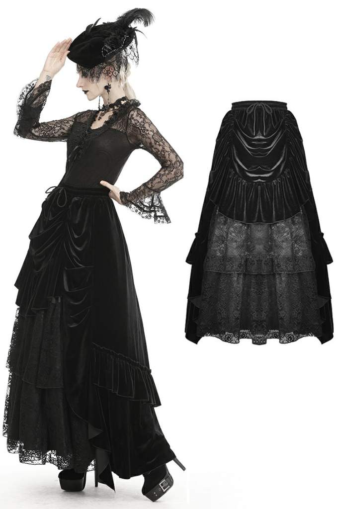 Luxurious Gothic Toria Maxi Skirt in Black Velvet and Lace featuring a ruched front detail, perfect for elegant and comfortable all-day wear.