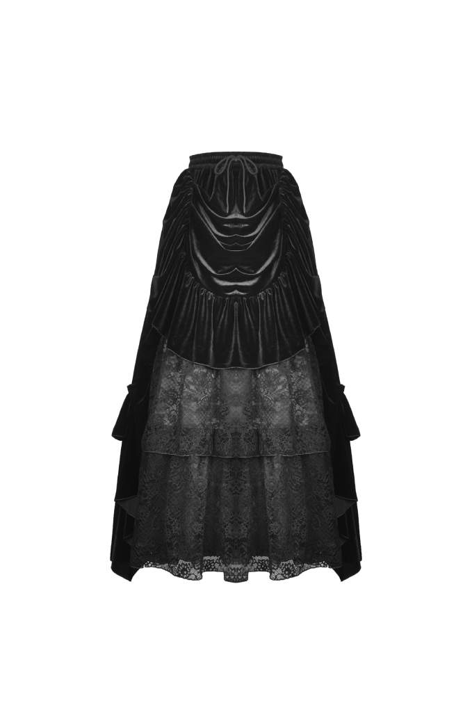Model showcasing the full-length Gothic Toria Maxi Skirt in a stylish setting, demonstrating its graceful flow and elegant silhouette.
