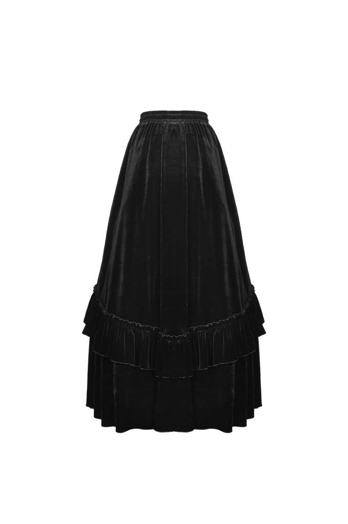 Gothic elegance Toria Maxi Skirt in luxurious black velvet and lace with ruched front design, featuring an elasticated waistband for maximum comfort.