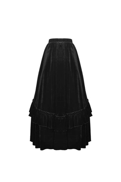 Gothic elegance Toria Maxi Skirt in luxurious black velvet and lace with ruched front design, featuring an elasticated waistband for maximum comfort.