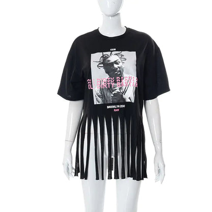 Front view of the Women's ODB Graphic Print Tassel Tee displaying a bold graphic print with tassel detailing, perfect for chic street style.