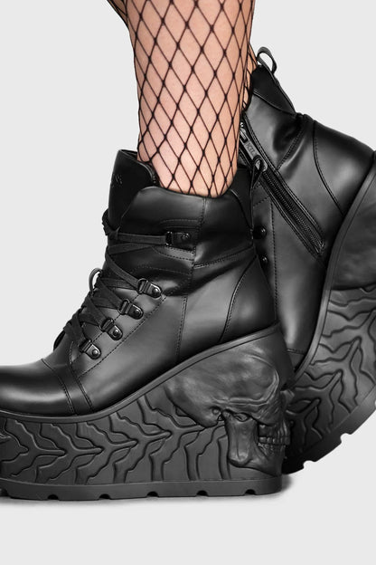 Stylish lace-up front with inner zip on Killstar Doom Skull Platform Boots, designed for easy wear and dramatic flair.