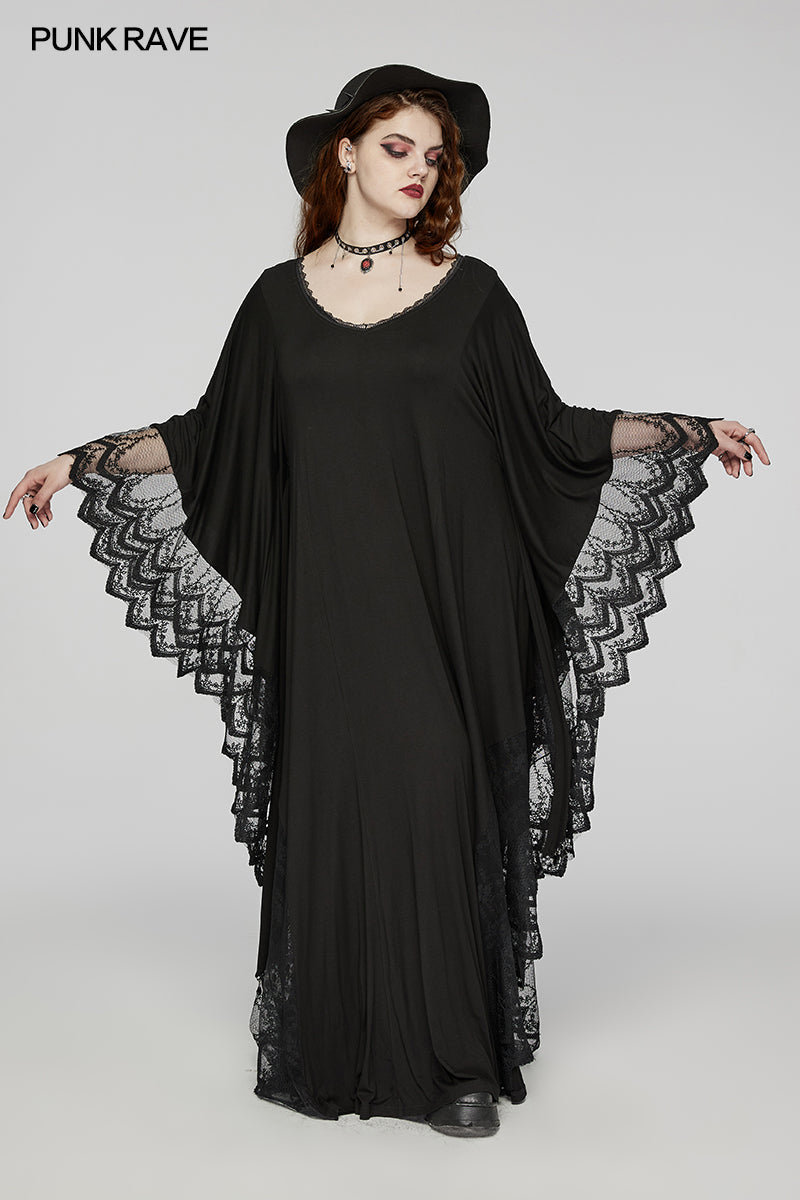 Elegant Punk Rave Plus Size Eldora Gothic Dress featuring a striking bat silhouette, adorned with intricate lace trim, perfect for a darkly glamorous look.