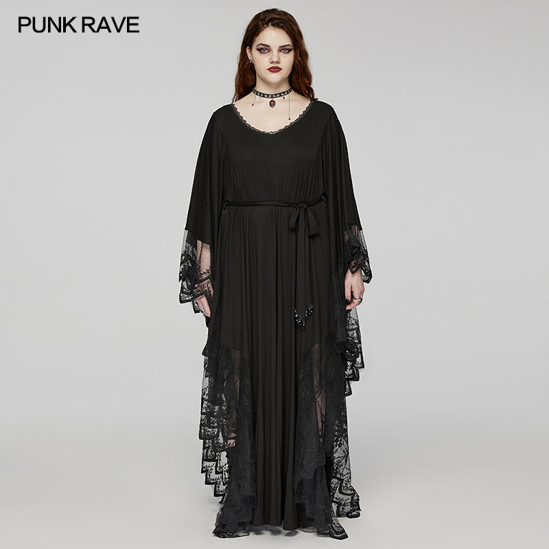 Punk Rave Eldora Plus Size Gothic Dress featuring a delicate lace trim and flattering silhouette in a dramatic bat design, perfect for mystical occasions.
