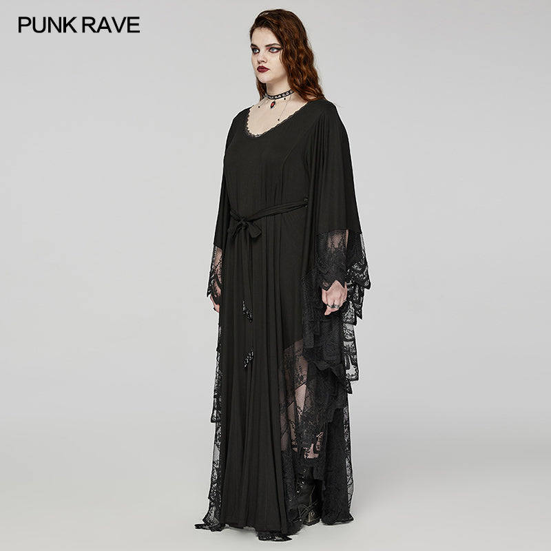 The elegant waist tie of the Punk Rave Eldora Gothic Dress accentuates curves, designed for plus size wearers seeking style and comfort.