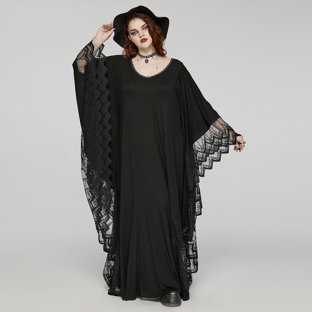 Stylish model wearing the Punk Rave Plus Size Eldora Gothic Bat Silhouette Dress, perfect for dark and mysterious occasions.