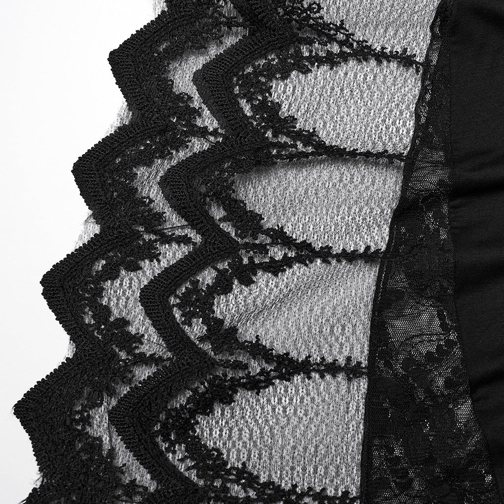 Close-up of the intricate lace detailing and beaded embellishments on the Punk Rave Eldora Plus Size Gothic Bat Dress, showcasing luxurious craftsmanship.