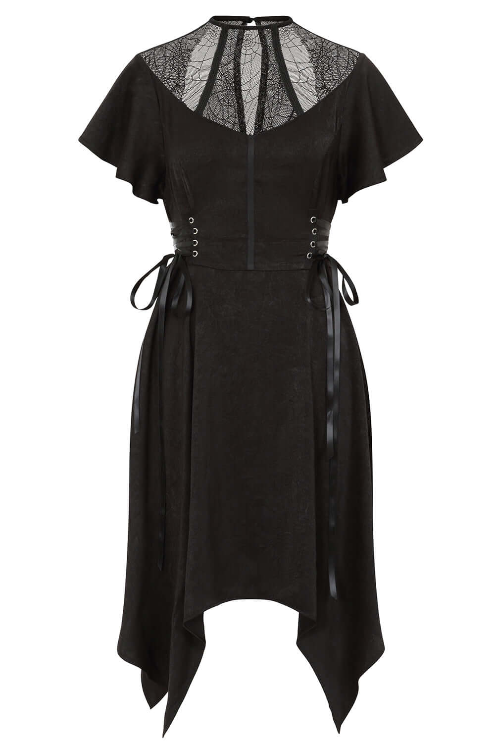 Close-up of the intricate black lace fabric of the Banned Apparel Zora Dress, showcasing elegant gothic style and exquisite craftsmanship.