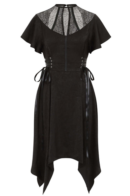 Close-up of the intricate black lace fabric of the Banned Apparel Zora Dress, showcasing elegant gothic style and exquisite craftsmanship.