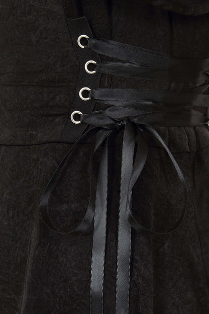 Model wearing the Banned Apparel Zora Gothic Lace Dress with corset detail, highlighting the dramatic asymmetrical silhouette and luxurious gothic charm.