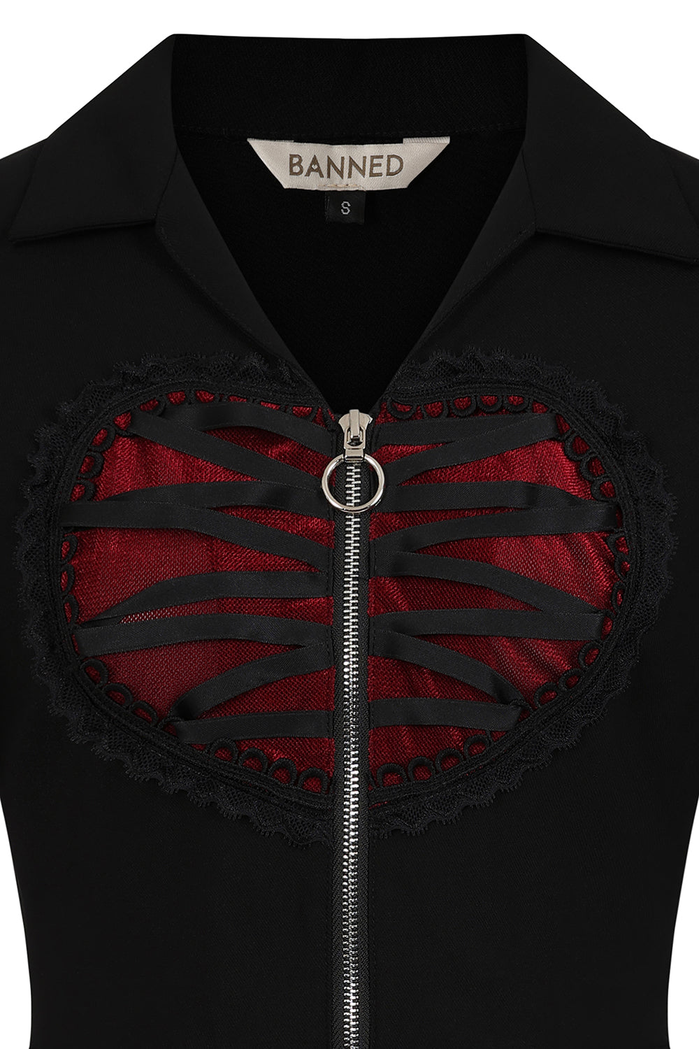 Back view of the Banned Apparel Elysia Dress highlighting the stylish silver-tone zipper with ring pull, exuding edgy elegance.