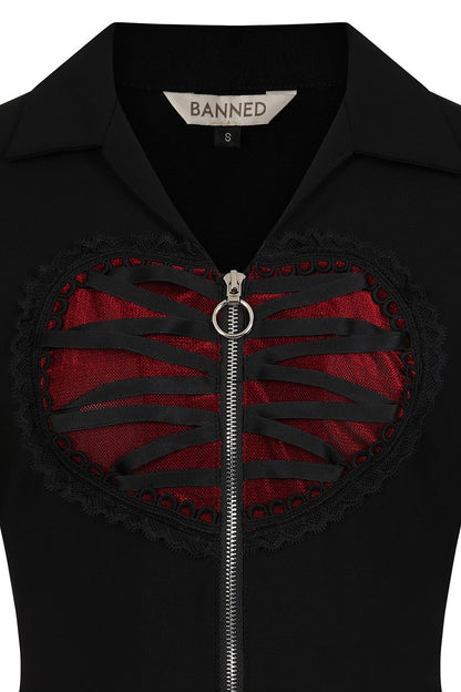 Back view of the Banned Apparel Elysia Dress highlighting the stylish silver-tone zipper with ring pull, exuding edgy elegance.