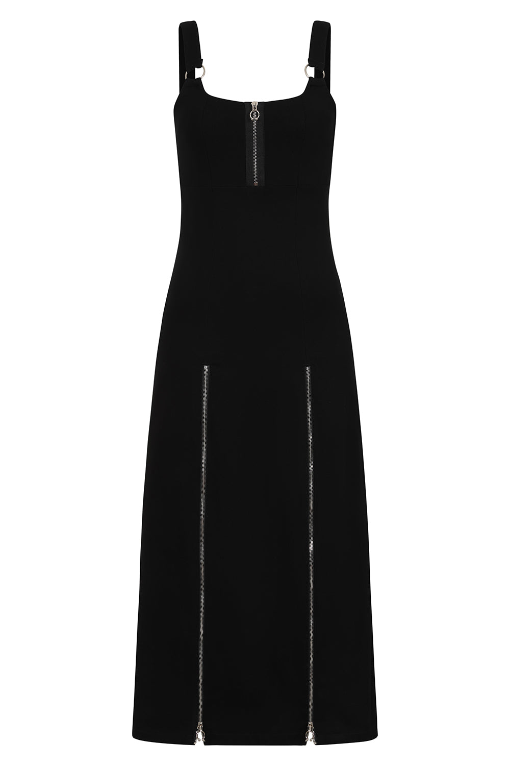 Elegant Banned Apparel Malvolia Black Zipped Midi Dress showcasing a square neckline with metal ring detail and adjustable straps for a sophisticated look.