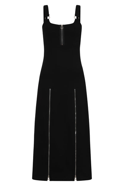 Elegant Banned Apparel Malvolia Black Zipped Midi Dress showcasing a square neckline with metal ring detail and adjustable straps for a sophisticated look.
