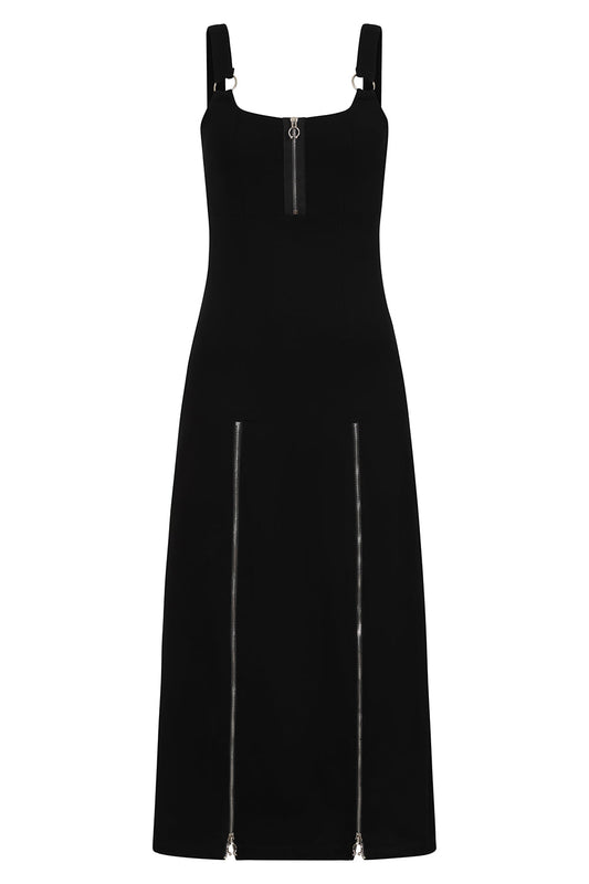 Elegant Banned Apparel Malvolia Black Zipped Midi Dress showcasing a square neckline with metal ring detail and adjustable straps for a sophisticated look.