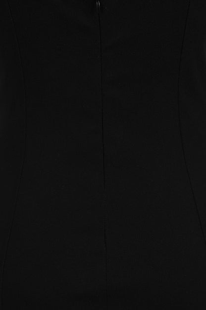 Full view of the Banned Apparel Malvolia Black Zipped Midi Dress with customisable slits, perfect for enhancing your silhouette while maintaining a gothic allure.