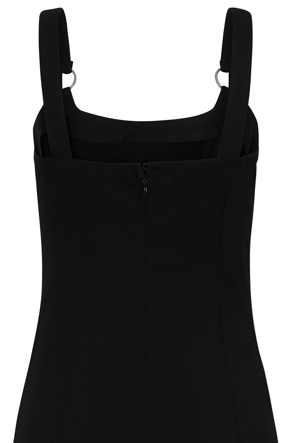 Elegant Banned Apparel Malvolia Black Zipped Midi Dress showcasing adjustable straps and chic customisable slits, perfect for a sophisticated alternative wardrobe.