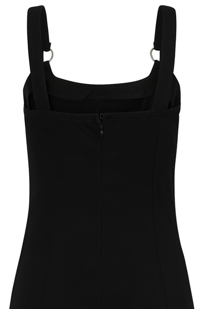 Elegant Banned Apparel Malvolia Black Zipped Midi Dress showcasing adjustable straps and chic customisable slits, perfect for a sophisticated alternative wardrobe.