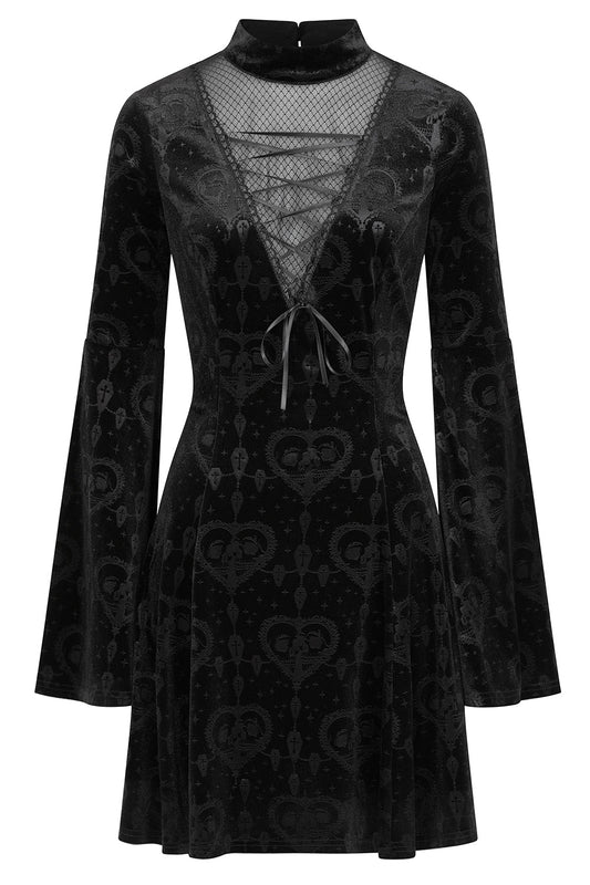 Elegant Banned Lucinda Gothic Lace Dress showcasing Victorian lace detailing and a flattering fit-and-flare silhouette in classic black.