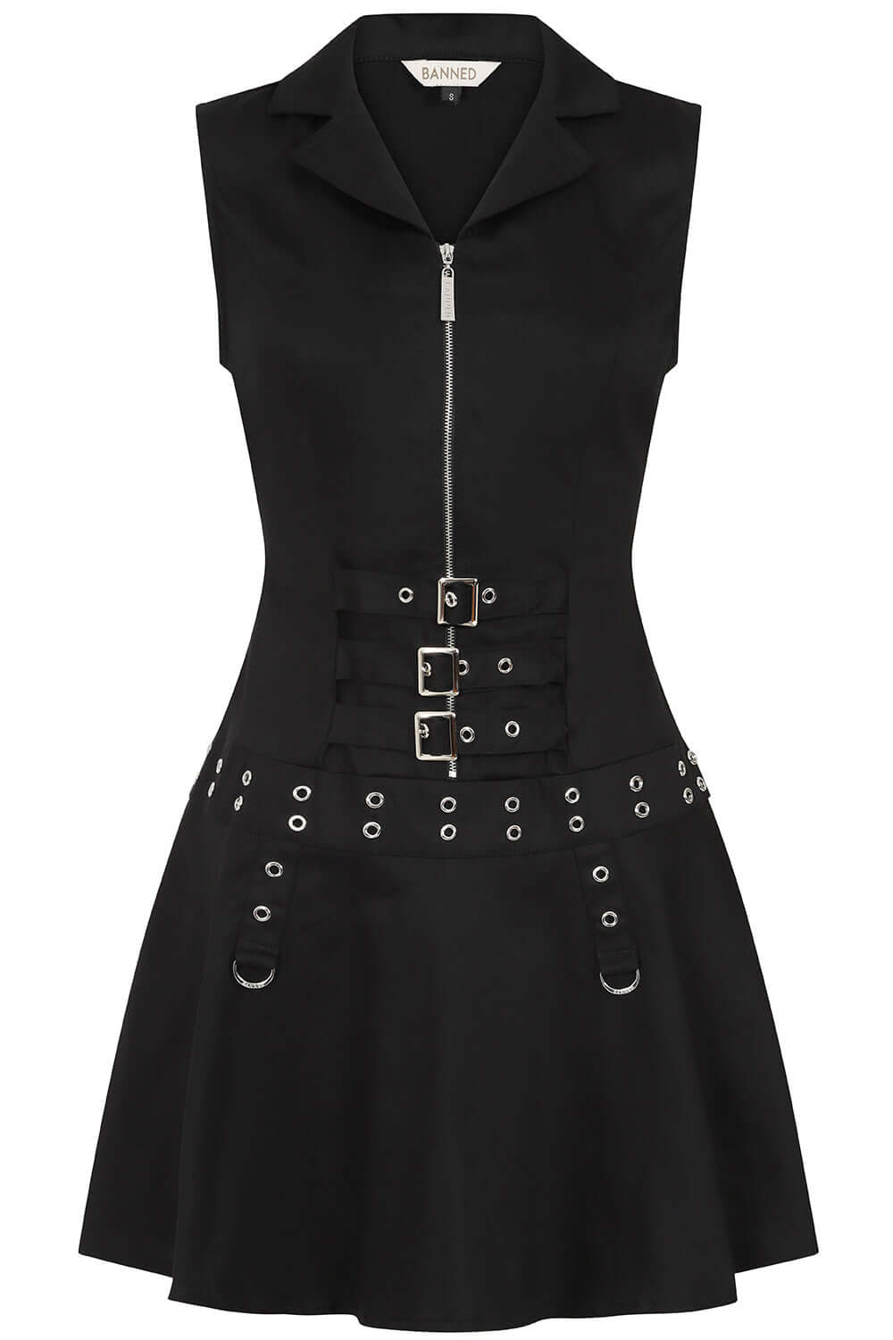 Back view of the gothic black Astrid Dress from Banned Apparel, displaying the full-length silver zipper and elegant silhouette suitable for alternative fashion statements.