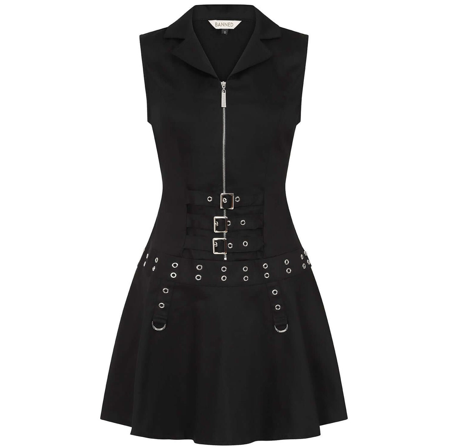 Elegant Banned Apparel Astrid Dress in gothic black showcasing silver zipper detail on the front, perfect for alternative fashion enthusiasts.