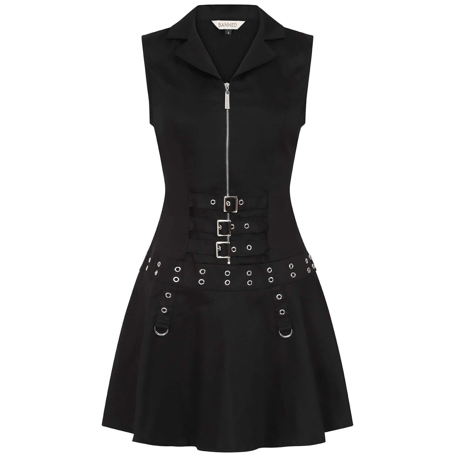 Elegant Banned Apparel Astrid Dress in gothic black showcasing silver zipper detail on the front, perfect for alternative fashion enthusiasts.