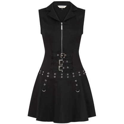 Elegant Banned Apparel Astrid Dress in gothic black showcasing silver zipper detail on the front, perfect for alternative fashion enthusiasts.