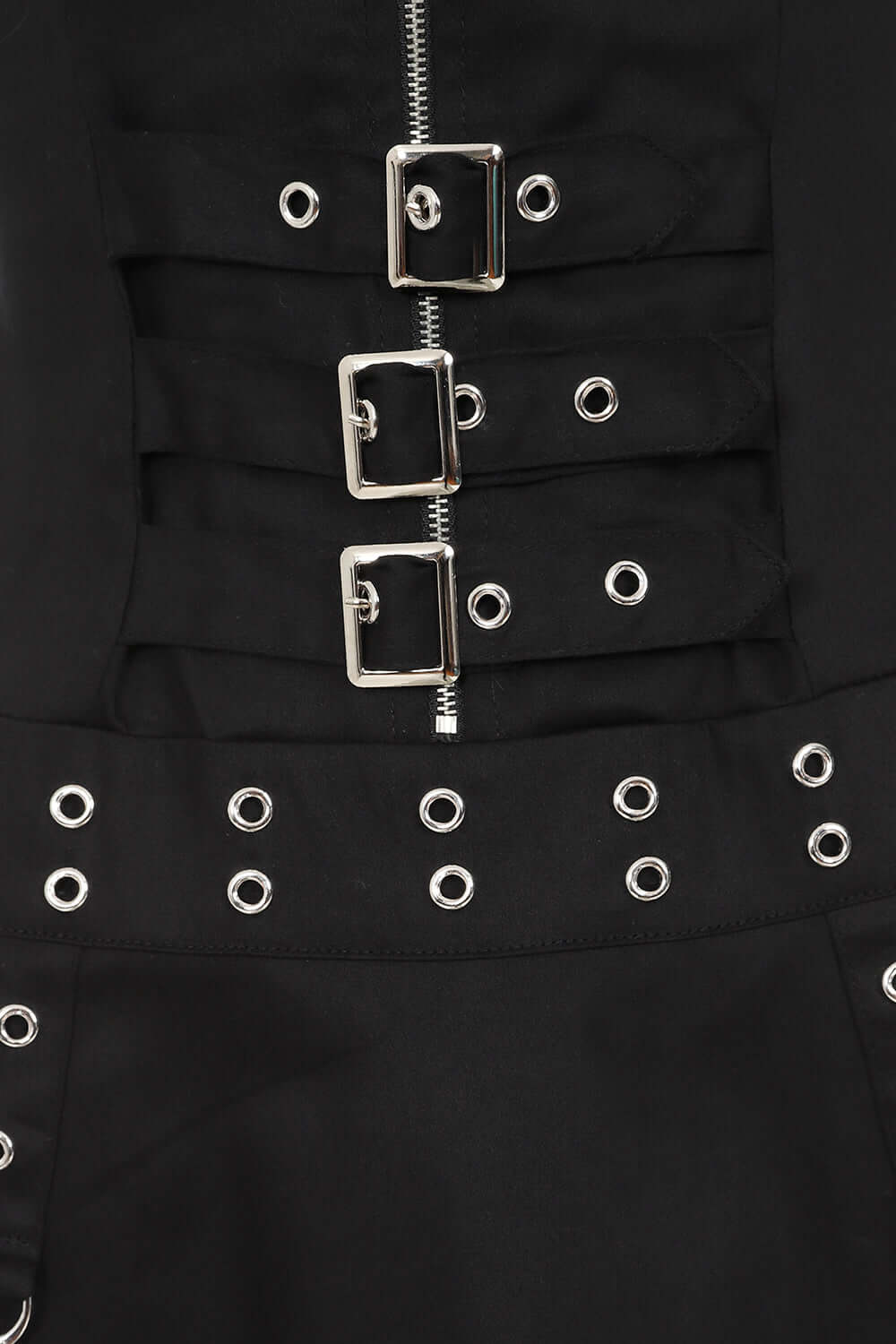Close-up of the decorative belt on the Banned Apparel Astrid Dress, featuring silver eyelets, emphasizing the edgy details and luxurious craftsmanship.