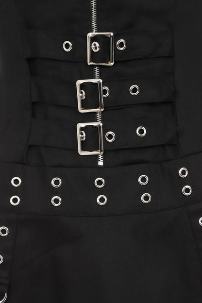 Close-up of the decorative belt on the Banned Apparel Astrid Dress, featuring silver eyelets, emphasizing the edgy details and luxurious craftsmanship.