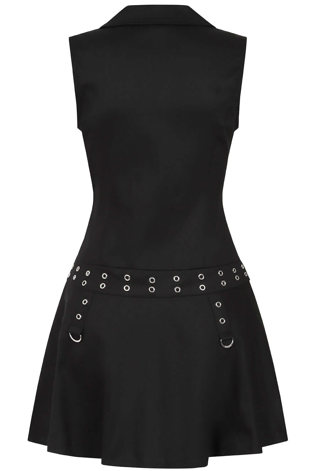 Side view of the Astrid Dress by Banned Apparel, highlighting decorative straps with silver buckles and structured collar, ideal for a stylish gothic look.