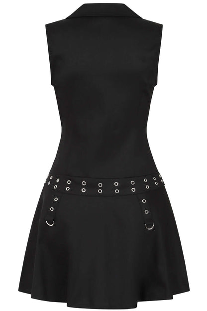 Side view of the Astrid Dress by Banned Apparel, highlighting decorative straps with silver buckles and structured collar, ideal for a stylish gothic look.