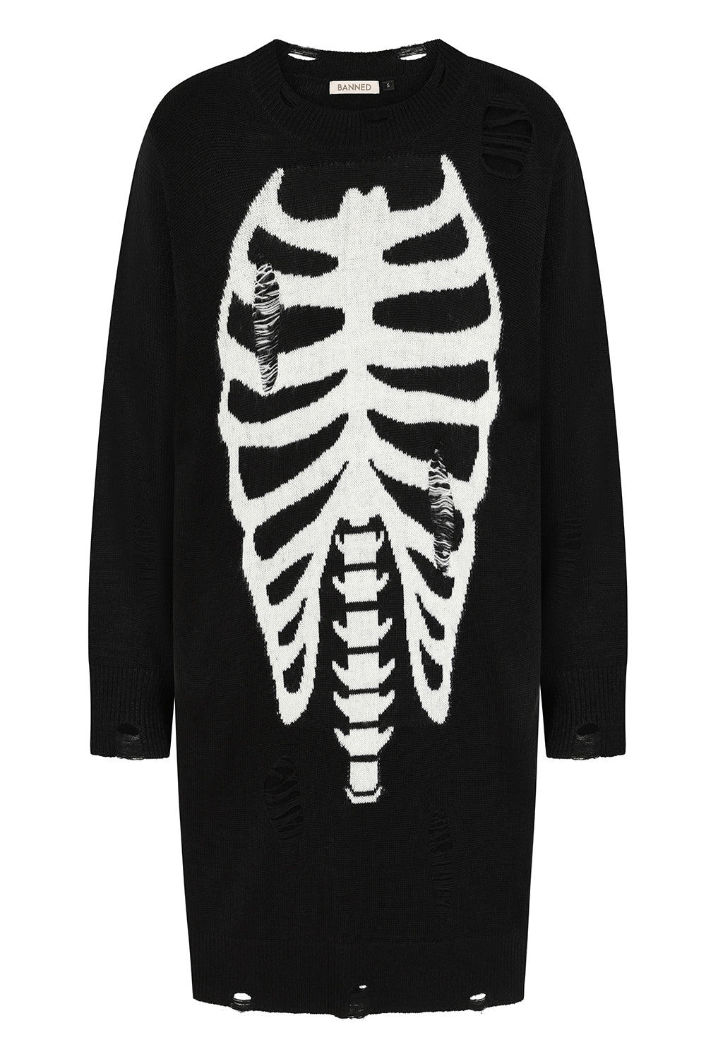 Gothic Melinoe Knit Dress featuring a striking white ribcage print on black fabric, longline silhouette with distressed details, perfect for a dark, sophisticated look.