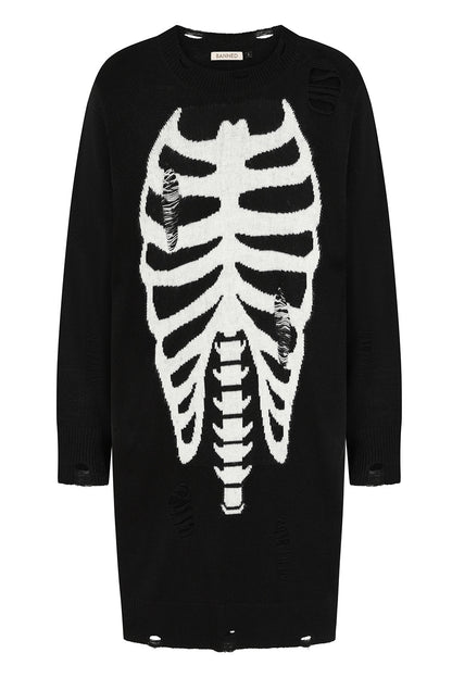 Gothic Melinoe Knit Dress featuring a striking white ribcage print on black fabric, longline silhouette with distressed details, perfect for a dark, sophisticated look.